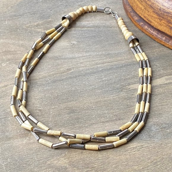 Carved Bone & Silver-plate Beaded Tribal Necklace - Picture 2 of 3